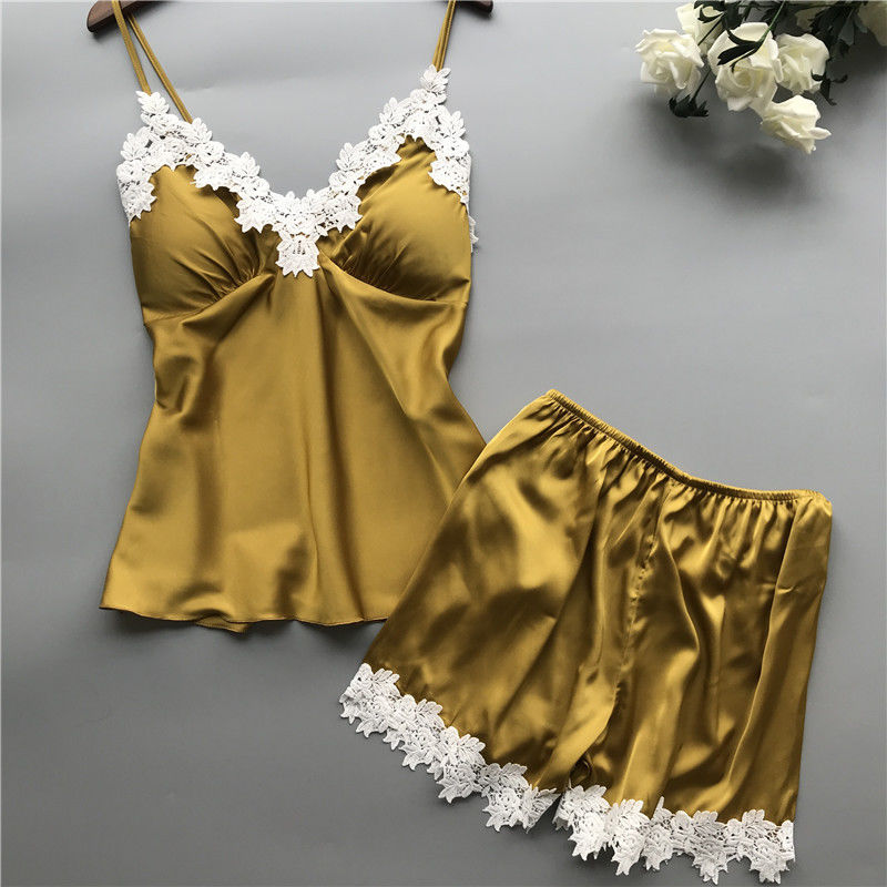 Décolleté en V en deux pièces d'ensemble de lingerie de dentelle de femmes de pyjamas de satin respirable de vêtements de nuit