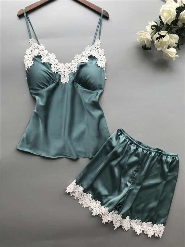 Décolleté en V en deux pièces d'ensemble de lingerie de dentelle de femmes de pyjamas de satin respirable de vêtements de nuit