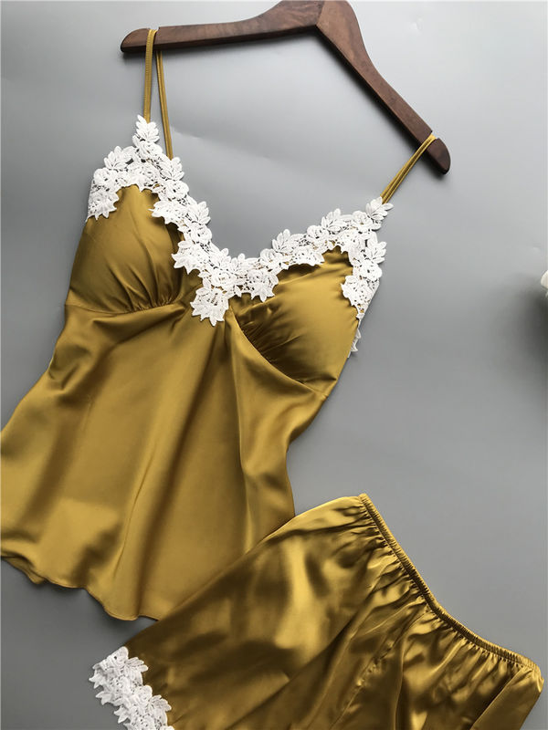 Décolleté en V en deux pièces d'ensemble de lingerie de dentelle de femmes de pyjamas de satin respirable de vêtements de nuit