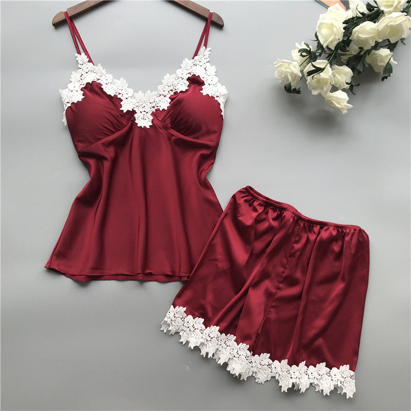 Décolleté en V en deux pièces d'ensemble de lingerie de dentelle de femmes de pyjamas de satin respirable de vêtements de nuit