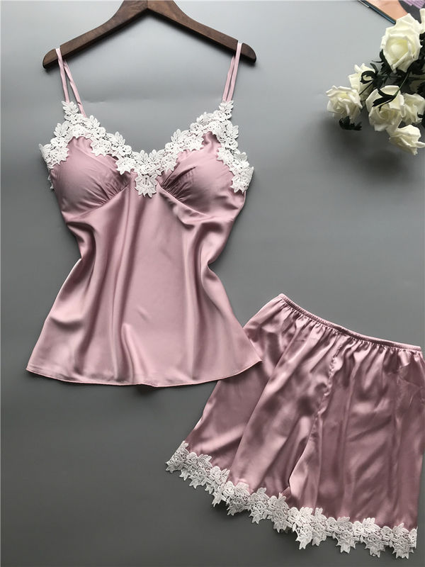 Décolleté en V en deux pièces d'ensemble de lingerie de dentelle de femmes de pyjamas de satin respirable de vêtements de nuit