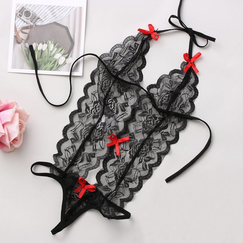 À trois points tricotés lacent les vêtements de nuit sans manche tricotés floraux de lingerie sexy